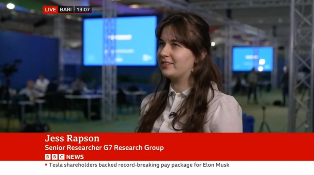 Jessica Rapson speaking during a live BBC interview about artificial intelligence at the 2024 G7 Summit