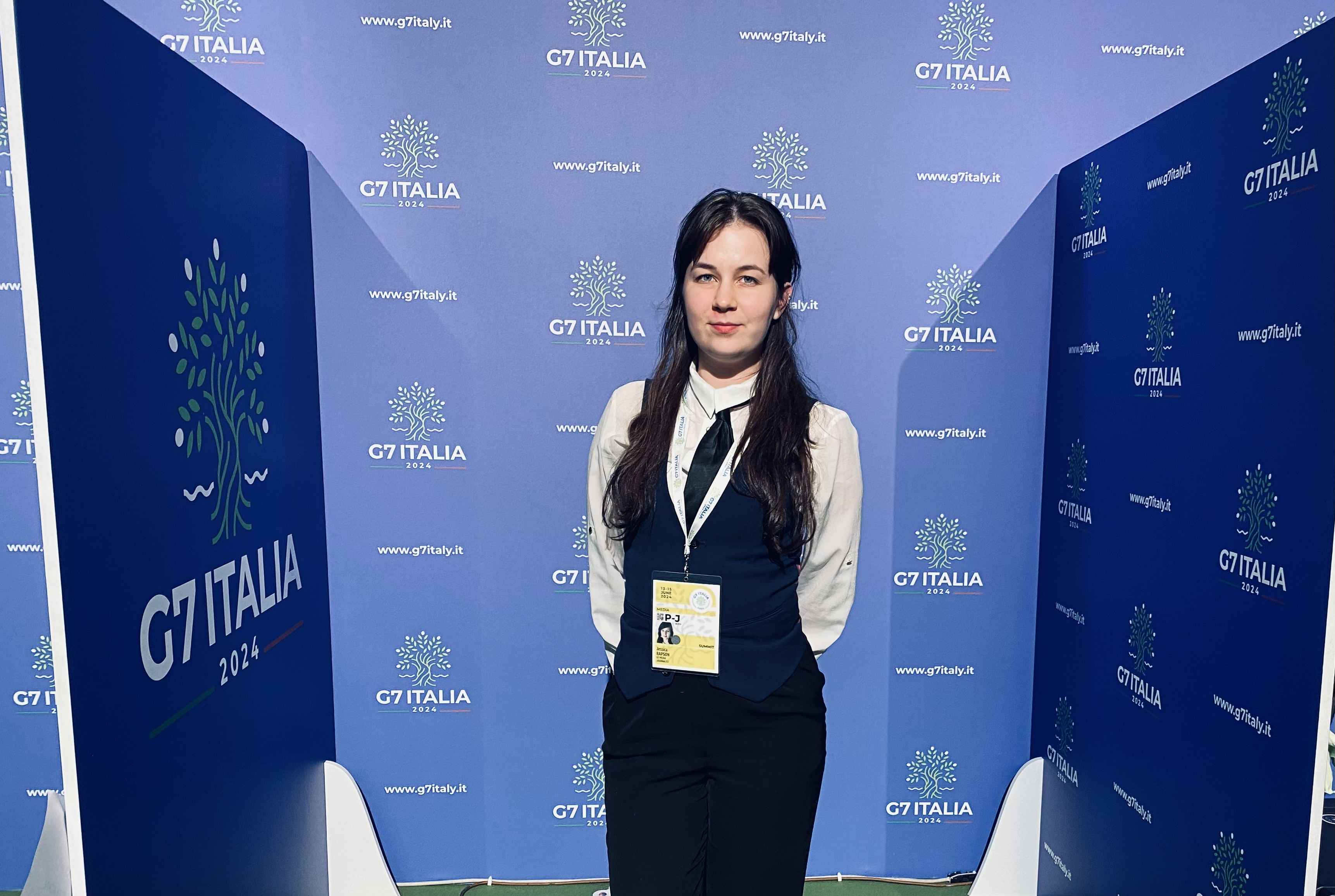 Jessica Rapson attending the 2024 G7 Summit in Puglia, Italy